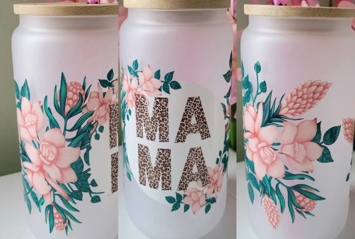 Mama Cheetah Pink Flowers UV DTF Transfer Wrap