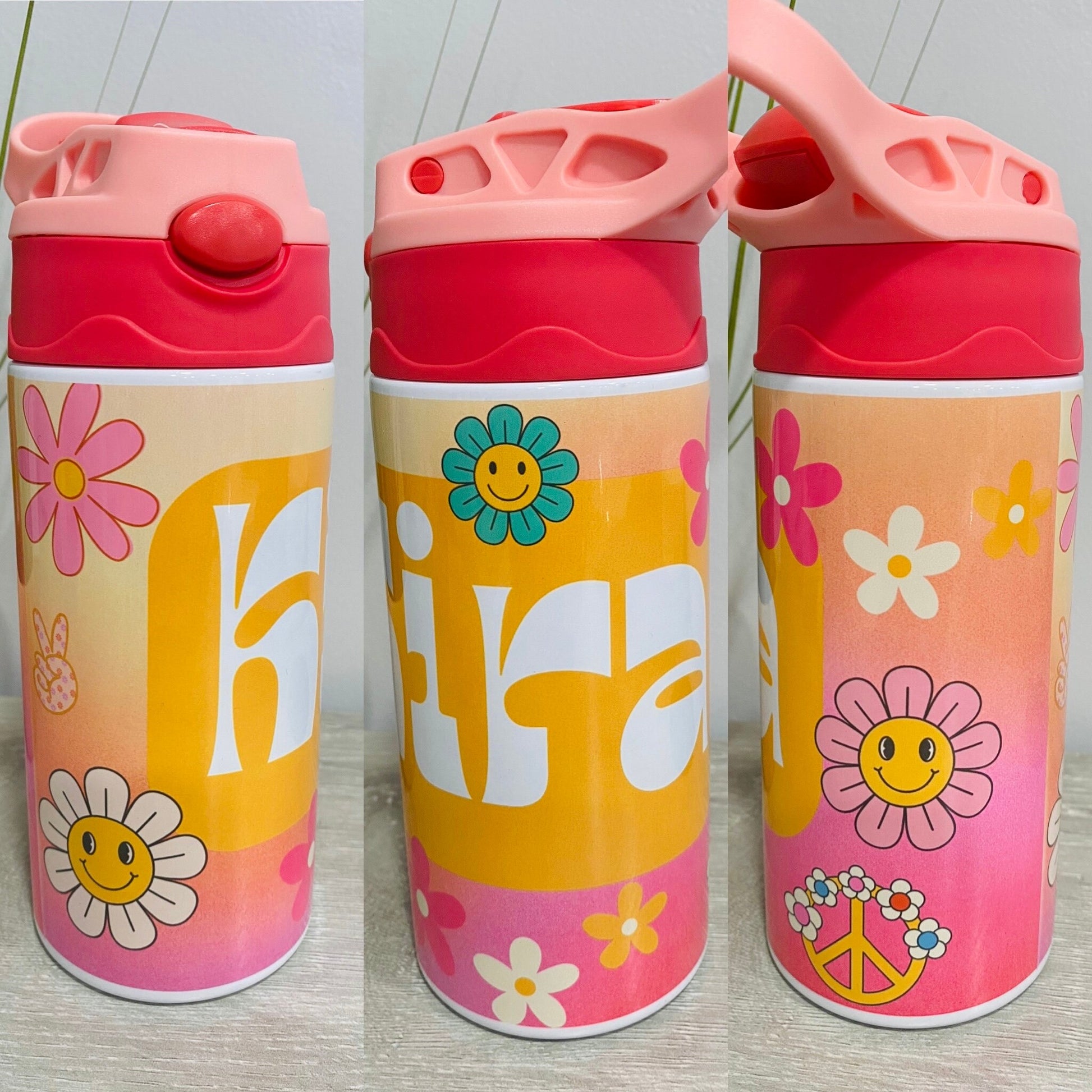 Groovy Peace Sign and Flowers Personalized Water Bottle for Kids & Toddlers