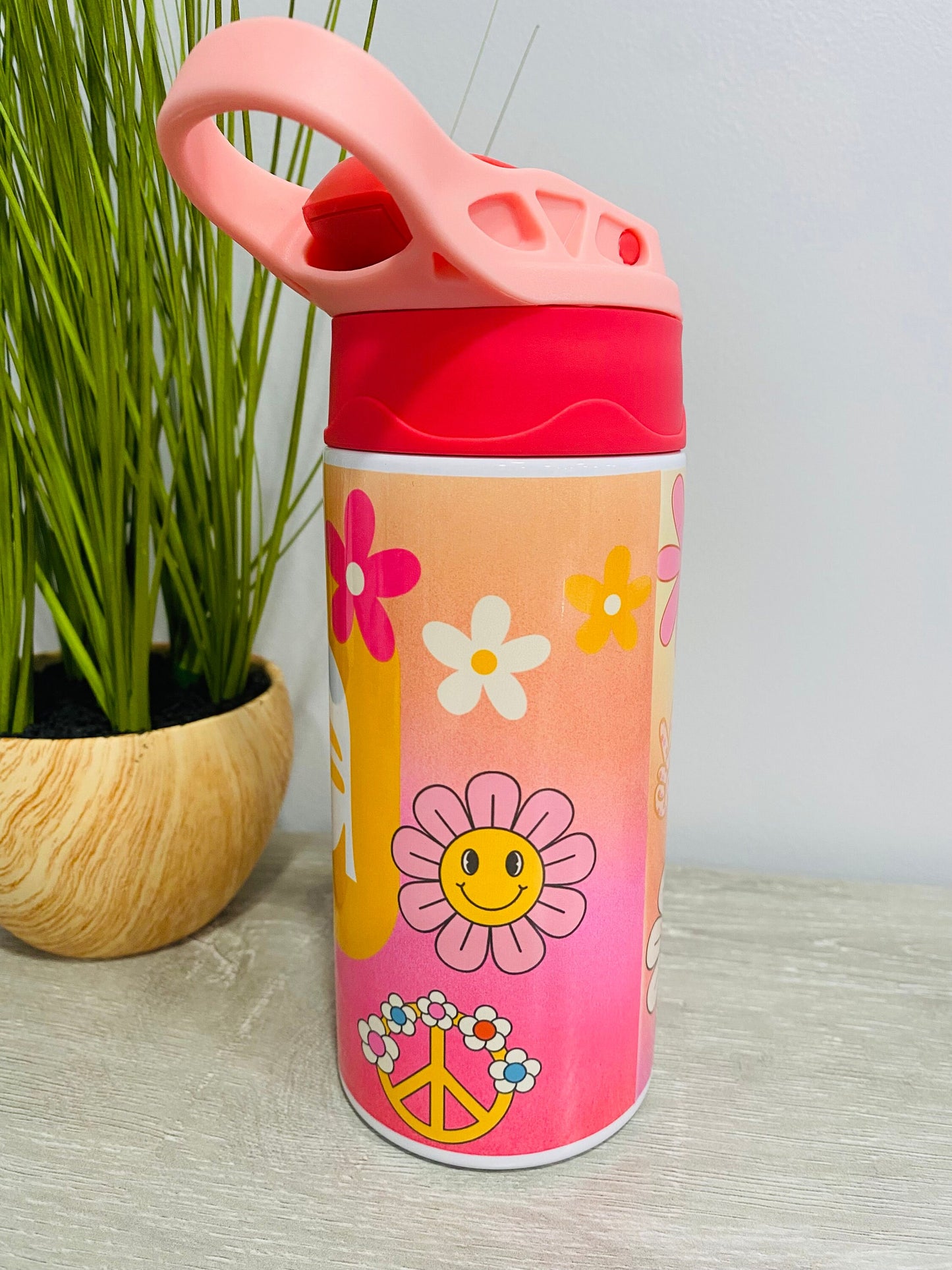 Groovy Peace Sign and Flowers Personalized Water Bottle for Kids & Toddlers